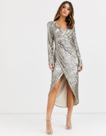 TFNC long sleeve sequin wrap midi dress with front drape details in silver and gold   ASOS at Asos